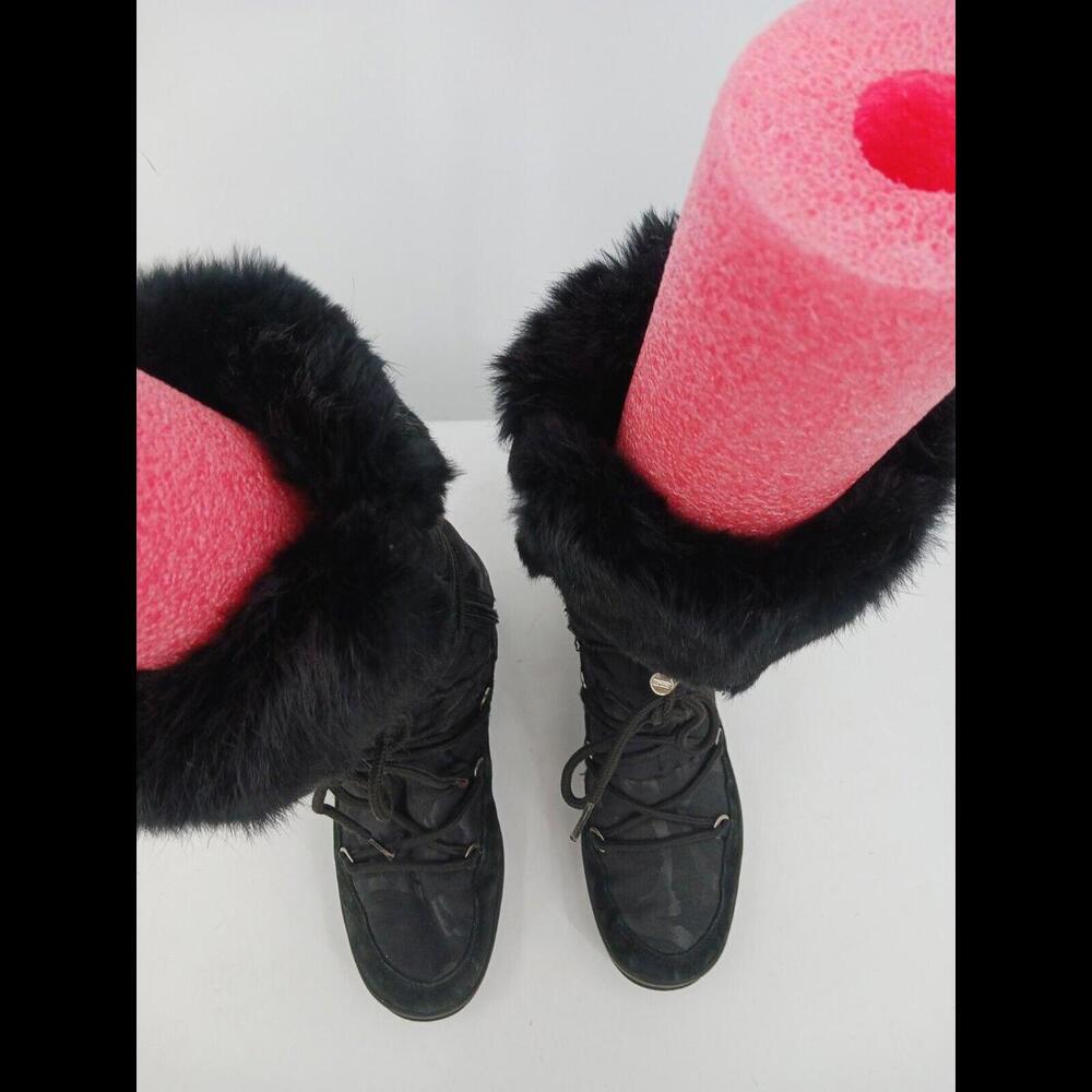 Coach Women Boot 8 Black Snow Boot Lacing Fur Trim Logo Stacked Heel Low - Picture 5 of 11